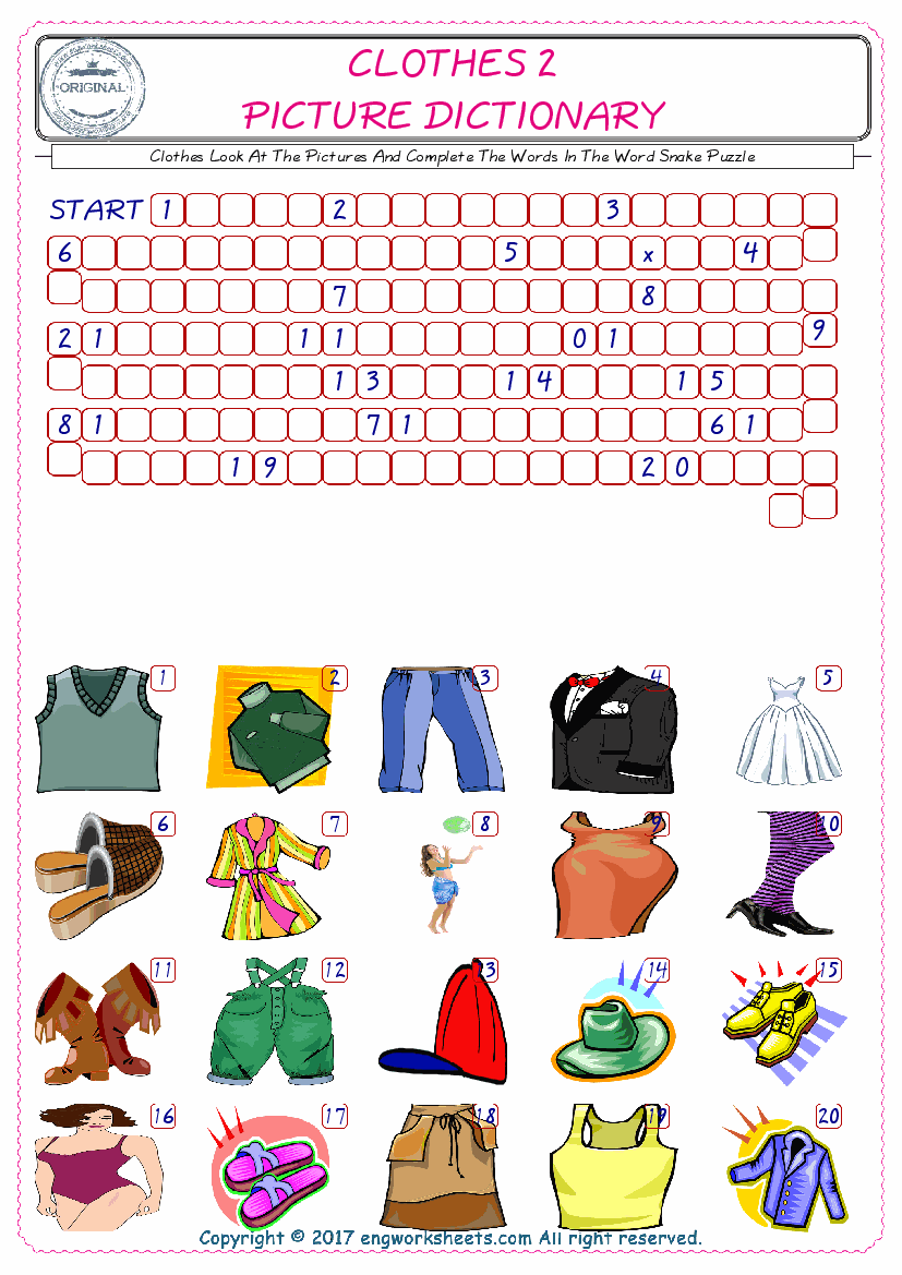  Check the Illustrations of Clothes english worksheets for kids, and Supply the Missing Words in the Word Snake Puzzle ESL play. 